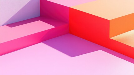 Poster - A composition of colorful geometric forms in pink, orange, and white shades displays bold shapes casting soft shadows, showcasing a modern artistic approach to design in bright daylight