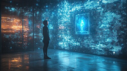 A person stands in a futuristic room, looking at a large digital screen displaying a glowing blue human figure. The screen is filled with data and code, representing the vastness of the digital world.