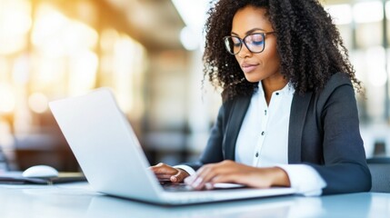 Poster - A professional woman in a suit focuses on her laptop, typing thoughtfully while seated at a bright desk in a modern office filled with natural light