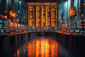 Poster - An empty trading desk with flickering monitors, representing the collapse of financial markets. Concept of business.