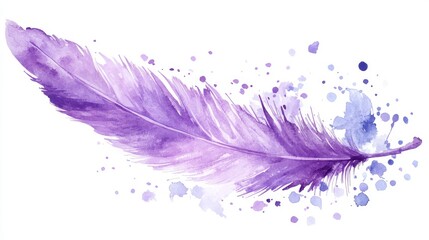 Purple feather drawn in watercolor on a white background