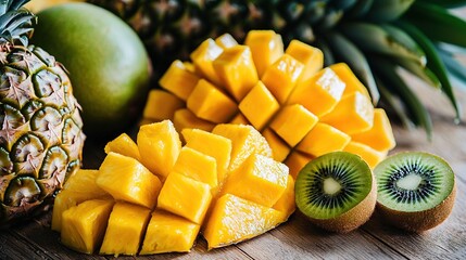 Wall Mural -   A close-up of various fruits on a wooden table, including a cut pineapple and kiwi