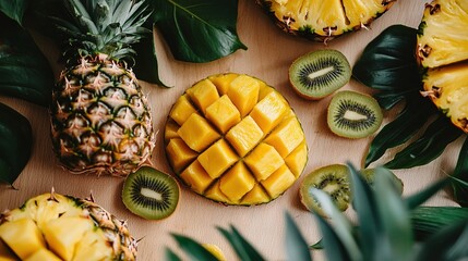 Poster -   Wooden table, cut-up pineapples, kiwis