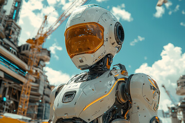 Aufkleber - a towering alien robot helping construct a building, symbolizing the role of technology in alien soc