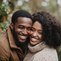 A joyful couple embraces warmly, showcasing happiness and connection in a natural setting surrounded by greenery.