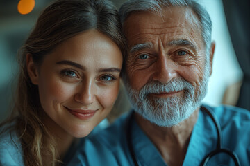 Poster - a stock photo of a smiling nurse helping an elderly patient, representing care and compassion in hea