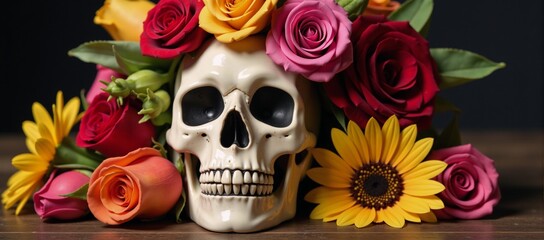 colorful skull adorned with assorted flowers roses daisies sunflowers in a cheerful lively setting