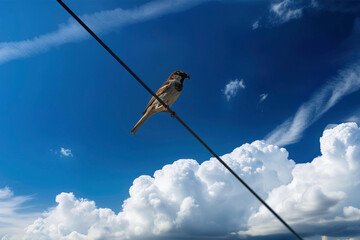 photograph of a sparrow perched on a light cable with blue sky