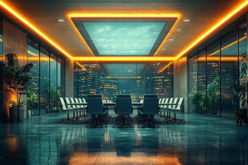 Poster - a stock image of an empty boardroom with a projector and chairs, symbolizing business meetings. conc