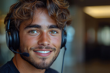 Poster - A smiling customer service representative wearing a headset, symbolizing communication and support. Concept of business.