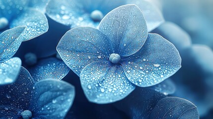 Wall Mural -   A blue flower with water droplets on its petals, captured in sharp focus at the center