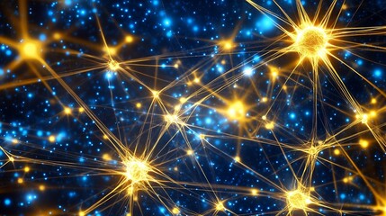Poster - Abstract neural network glowing in blue and yellow.