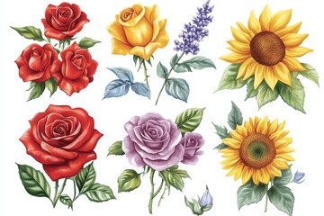 The sunflower, lavender, red anemones, the lily, the rose, the leaves, and the dahlia are all colorful flowers on a white background. A botanical painting, watercolor illustration, or a hand drawn