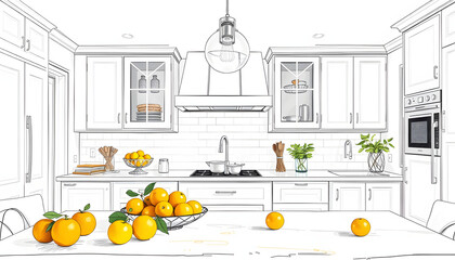 Wall Mural - Interior of white kitchen with citruses on table isolated with white highlights, png