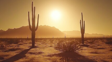 Sticker -  Sunset with cacti in foreground and mountains in background