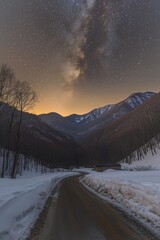 A road leading towards a colorful sunrise between snow covered trees with an epic view of the Milky Way in the sky