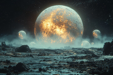 Wall Mural - a planet with multiple moons and alien civilizations living on each, representing interplanetary int