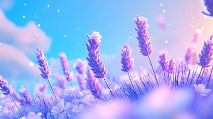 Poster -   A field full of lavender blooms beneath a blue sky and fluffy cloud backdrop