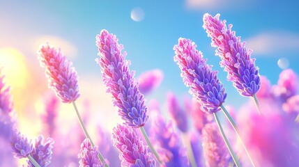 Poster -   A close-up of a variety of flowers against a backdrop of blue sky, with some pink blooms in the foreground