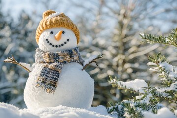 On a snowy field, a funny snowman is wearing a stylish hat and a yellow scalf. Enjoy the holiday season and have a happy new year!