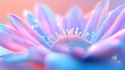 Canvas Print -   A zoom-in photo of a purple bloom with dewdrops on its petals, set against a backdrop of pink and blue