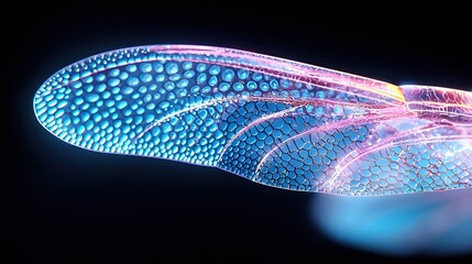 Poster -   A close-up of a blue and pink object on a black background with a blurry light emanating from above