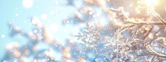 Macro image of snowflakes on a backdrop of winter holiday.