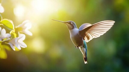 Canvas Print -   Hummingbird in flight with sunbeams filtering through leafy backdrop