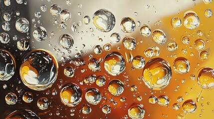 Poster -   A close-up of a group of water droplets on a yellow and black background against a red and yellow backdrop