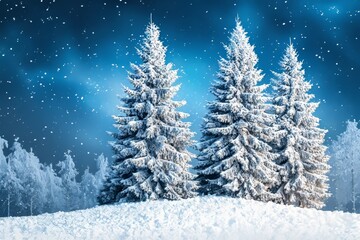 Winter landscape with aurora borealis over frozen forest. Night aurora borealis over iced mountains. Nature landscape with polar lights. Nature landscape with aurora borealis. Night winter landscape