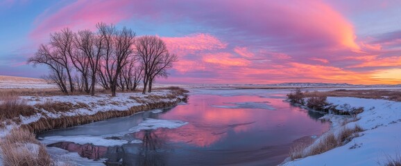 Happy New Year and Christmas concept with a winter panorama landscape. Forest with snow-covered trees. Sunrise, a new day of winter. Purple landscape with sunset.