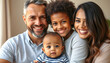 © Sergey - Happy family, parents and portrait of foster baby child in home for care, support and bonding together. Mother, father and face of cute adopted kid for connection, diversity and interracial love iso