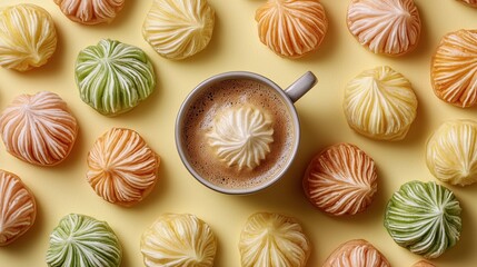 Wall Mural -   A coffee cup atop a table with macaroni and cheese nearby