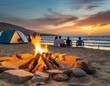 © Grau Photographers - Relaxing beach bonfire at sunset with friends gathered near the glowing campfire on sandy shore