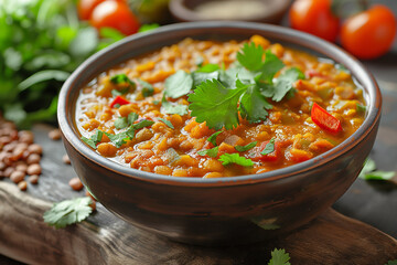 A bowl of vegetable and lentil stew with cilantro