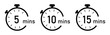 © Munnacreativehub - 5-, 10- and 15-minutes timer and clock icons set black color isolated on a white background. Timer logo. Clock symbols, stopwatch signs, Timer icons. Vector illustration.