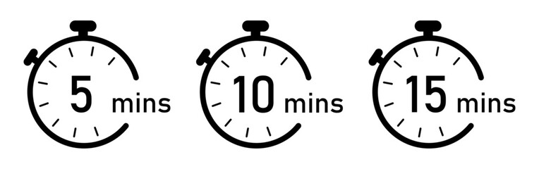 5-, 10- and 15-minutes timer and clock icons set black color isolated on a white background. Timer logo. Clock symbols, stopwatch signs, Timer icons. Vector illustration.