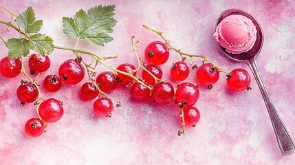 Wall Mural -   A scoop of ice cream sits alongside a pile of juicy cherries on a pink plate, adorned with a fresh green sprig