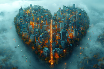 Poster - A heart shaped like a city, with streets and cars running through it, symbolizing the connection between urban living and cardiovascular health. Concept of health.