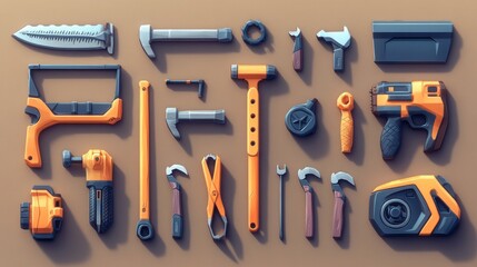 3D vector cartoon icon set: planer, saw, pliers, screwdriver, vise, drill, hammer, adjustable wrench, vibrant colors, high detail