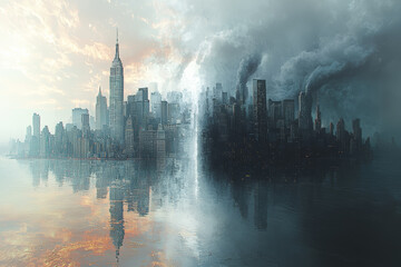 Poster - a city skyline that flickers between different versions of itself, symbolizing the unstable nature o