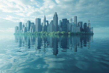 A city skyline submerged underwater, symbolizing rising sea levels and climate change. Concept of environmental collapse.