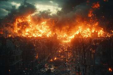 Poster - a city on fire during a riot, symbolizing social unrest in the wake of global instability. concept o