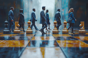 Poster - A chessboard where business people are the pieces, symbolizing the strategic moves needed to succeed in the corporate world. Concept of business.