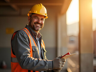 Portrait of highly motivated caucasian hardworking smiling bearded supervisor with helmet on head in vest and with laptop in hands posing on construction site