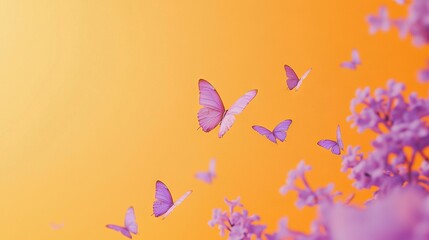 Sticker -   Pink butterflies fluttering above yellow-purple flowers