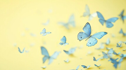 Wall Mural -   Blue butterflies in flight on a yellow background