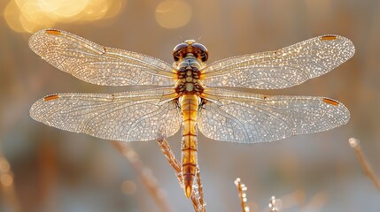 Poster -   A high-quality image featuring a dragonfly perched on a plant, with water droplets adorning its wings