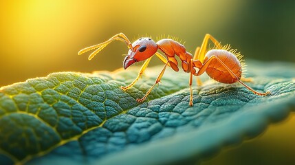 Wall Mural -   An orange bug on a green leaf in sunlight