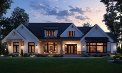 Beautiful modern farmhouse style luxury home exterior at twilight